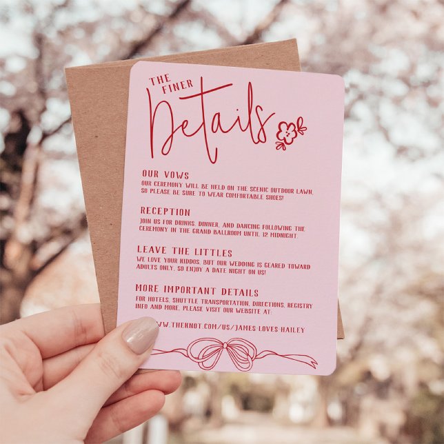 Cartão De Informações Detalhes de Casamento de PINK Arco Desenhado pela  (Unique modern retro hand drawn pink & red bow floral script vintage wedding invitation details card)