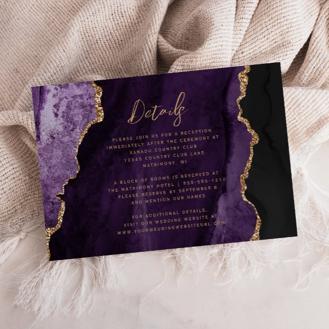 Cartão De Informações Detalhes de Casamento de Script Agate Dourado Roxo (Criador carregado)