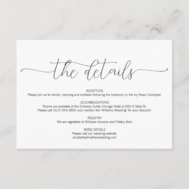 Cartão De Informações Detalhes de Casamento de Script Mínimo Simples (Frente)