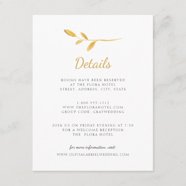 Cartão De Informações Detalhes de Casamento de Script Moderno de Folhas  (Frente)