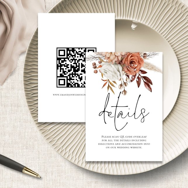 Cartão De Informações Detalhes de Casamento do Código QR do Script Flora (front and back view)