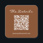 Cartão De Informações Detalhes de Casamento do Código QR Marrom Moderno<br><div class="desc">Projetada para casais modernos que valorizam estilo e simplicidade, esta placa de compartimento quadrado apresenta um código QR digitalizável centrado sob a frase "Os detalhes" em um script elegante. Um rico fundo castanho e texto branco fornecem uma aparência quente e contemporânea que complementa uma variedade de temas de casamento —...</div>