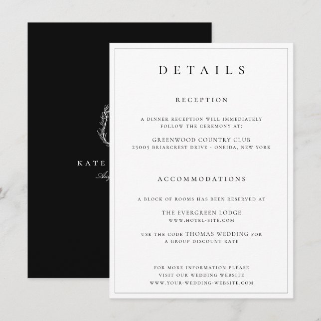 Cartão De Informações Detalhes de Casamento do Monograma do Paixão Botân (Frente/Verso)