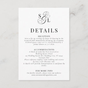 Cartão De Informações Detalhes de Casamento do Monograma do Script Cláss