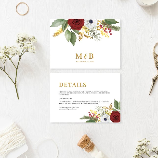 Cartão De Informações Detalhes de Casamento do Monograma Floral Dourado  (Criador carregado)
