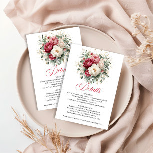 Cartão De Informações Detalhes de Casamento Dourado Burgundy Floral Mode