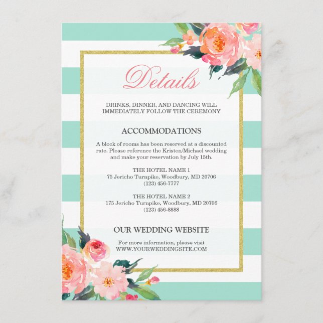 Cartão De Informações Detalhes de Casamento Dourado da Floral Mint Green (Frente)
