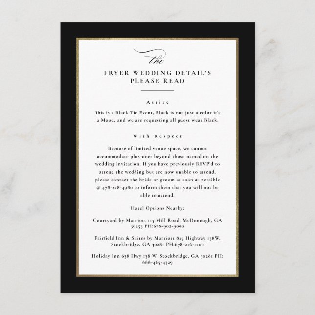Cartão De Informações Detalhes de Casamento Dourado e Preto Elegante Per (Frente)