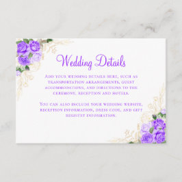 Cartão De Informações Detalhes de Casamento Dourado Floral Aquarela Roxa