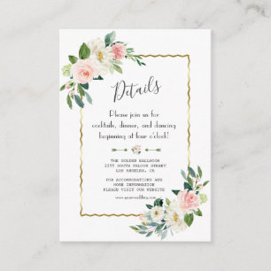 Cartão De Informações Detalhes de Casamento Dourado Floral Beijo Aguarel