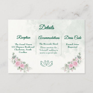 Cartão De Informações Detalhes de Casamento Elegante Rosa Floral Cisne &