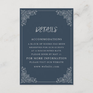 Cartão De Informações Detalhes de Casamento Elegantes em Azul Naval Crem