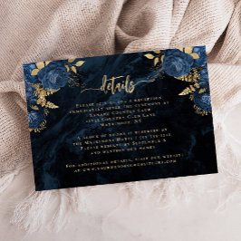 Cartão De Informações Detalhes de Casamento em Azul Naval Dourado Floral