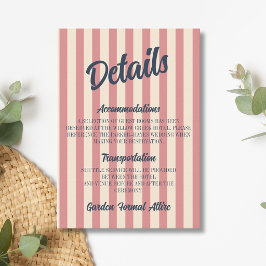 Cartão De Informações Detalhes de Casamento em Azul Naval e Listras Rosa