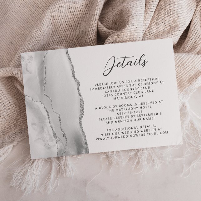 Cartão De Informações Detalhes de Casamento em Cinza Prata Moderno Scrip (Criador carregado)