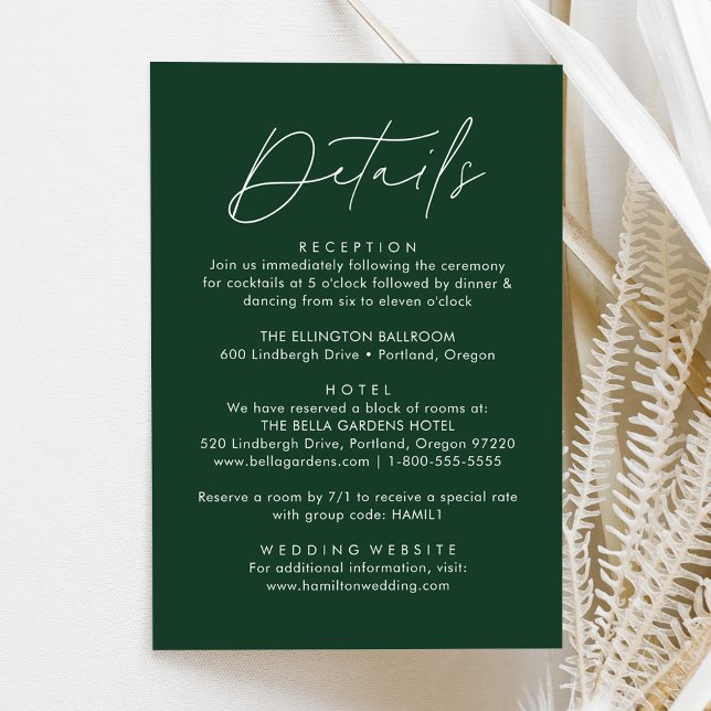 Cartão De Informações Detalhes de Casamento em Script Moderno Verde (Criador carregado)