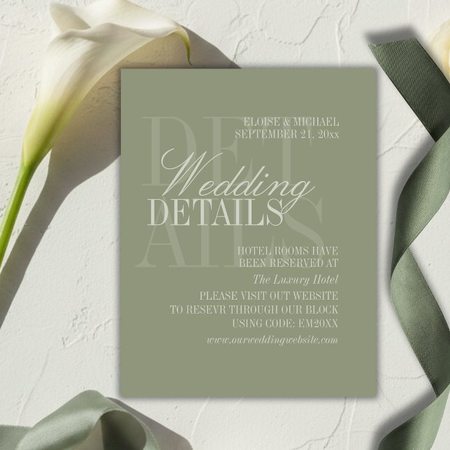 Cartão De Informações Detalhes de Casamento em Verde Sage com Rótulo Mod (Modern Script Sage Green Wedding Details QR Enclosure Card)