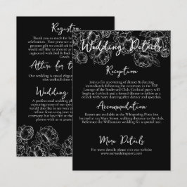 Cartão De Informações Detalhes de Casamento Floral Boho Preto e Branco E
