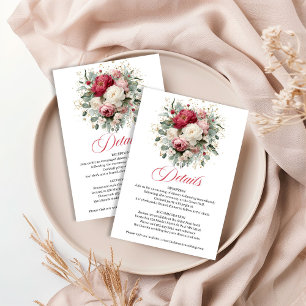 Cartão De Informações Detalhes de casamento floral borgonha com blush pa