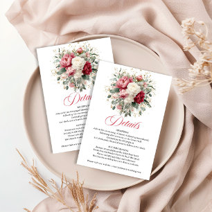 Cartão De Informações Detalhes de Casamento Floral Burgundy Dourado de L