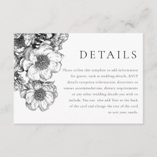 Cartão De Informações Detalhes de Casamento Floral Preto Elegante