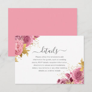 Cartão De Informações Detalhes de Casamento Floral Rosa e Dourado