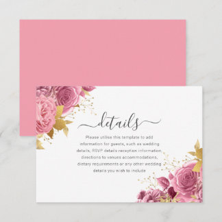 Cartão De Informações Detalhes de Casamento Floral Rosa e Dourado