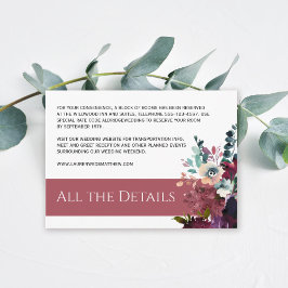 Cartão De Informações Detalhes de Casamento Floral Rosa Escuro Luxuoso