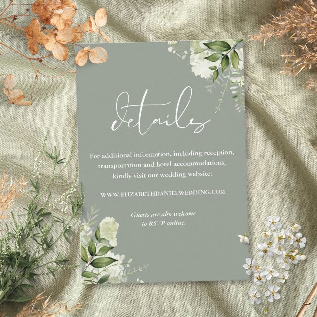 Cartão De Informações Detalhes de Casamento Floral Verde Oliva Elegante (Greenery Floral Elegant Sage Green Wedding Details Enclosure Card)