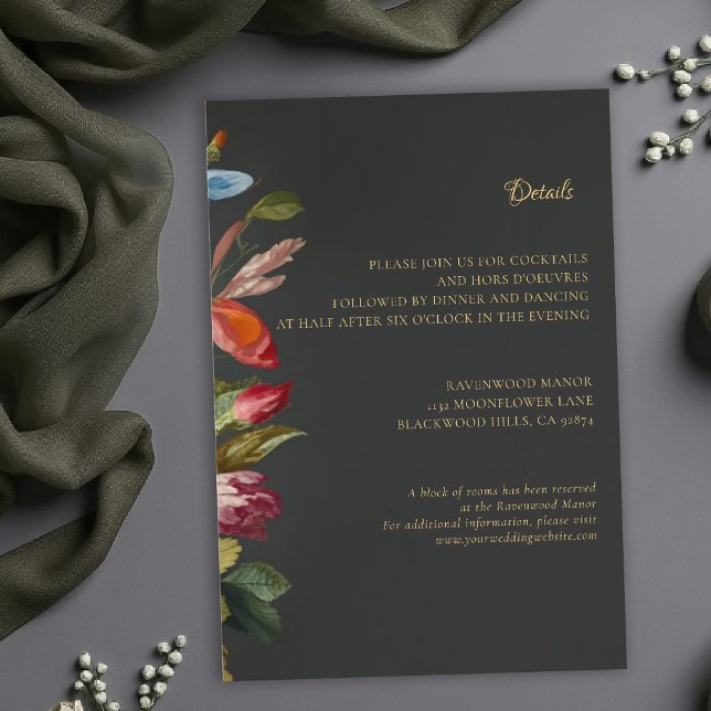 Cartão De Informações Detalhes de Casamento Floral Vermelhos Góticos Rom (moody wedding details insert card dark romantic gothic elegant modern classic floral oil painting)