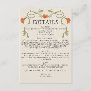 Cartão De Informações Detalhes de Casamento Flores Laranja Art Nouveau V