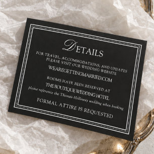 Cartão De Informações Detalhes de Casamento Formal Preto e Branco Clássi