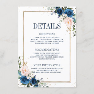 Cartão De Informações Detalhes de Casamento Geométrico Azul Naval Rosa B