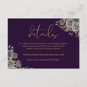 Cartão De Informações Detalhes de Casamento Gótico Roxo e Dourado Floral