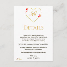 Cartão De Informações Detalhes de Casamento Monograma Dourado Corações V