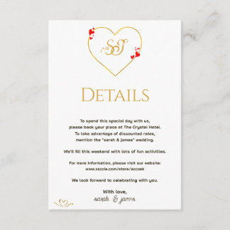 Cartão De Informações Detalhes de Casamento Monograma Dourado Corações V