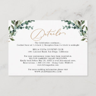 Cartão De Informações Detalhes de Casamento Ouro com Eucalipto Rústico
