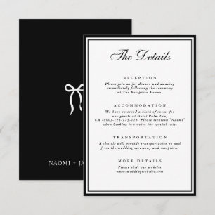 Cartão De Informações Detalhes de Casamento Preto e Branco Bow Vintage