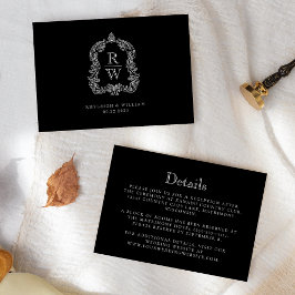 Cartão De Informações Detalhes de Casamento Preto e Branco com Crista de