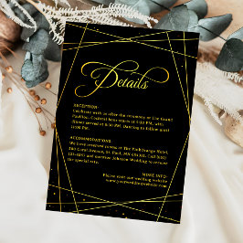 Cartão De Informações Detalhes de Casamento Preto e Dourado Luxuoso Geom