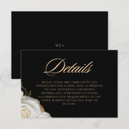 Cartão De Informações Detalhes de casamento preto floral branco moderno