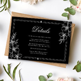 Cartão De Informações Detalhes de Casamento Preto Floral Caligrafia Eleg