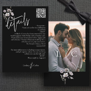 Cartão De Informações Detalhes de casamento preto moderno elegante códig