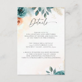 Cartão De Informações Detalhes de Casamento Romântico de Outono em Teal