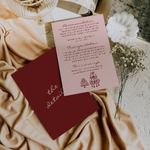 Cartão De Informações Detalhes de Casamento Rosa Borgonha Escrito à Mão