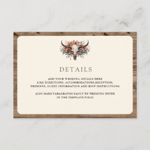 Cartão De Informações Detalhes de Casamento Western Boho Floral Crânio d