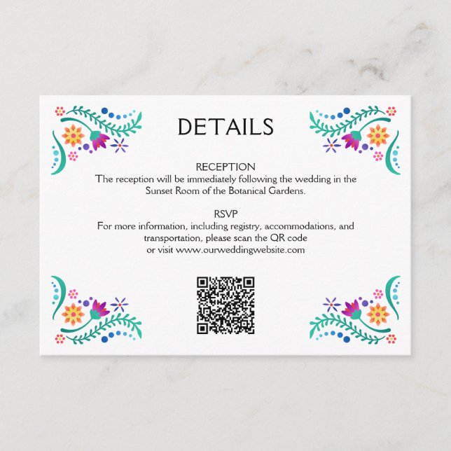 Cartão De Informações Detalhes de Fiesta Floral Wedding QR (Frente)