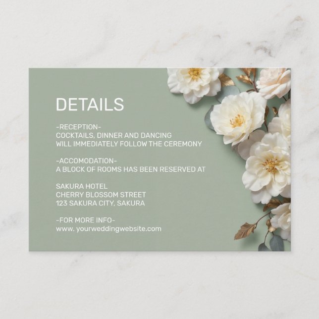 Cartão De Informações Detalhes de Flores Texturizadas de Rosas Brancas (Frente)