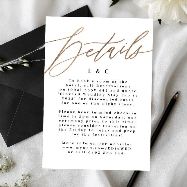 Cartão De Informações Detalhes de Noiva Branco Elegante Simples Dourado (Criador carregado)