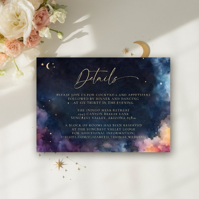 Cartão De Informações Detalhes de Noiva Elegante Azul Meia-Noite Celesti (celestial wedding details reception card cosmic watercolor starry night sky galaxy universe astrolog)